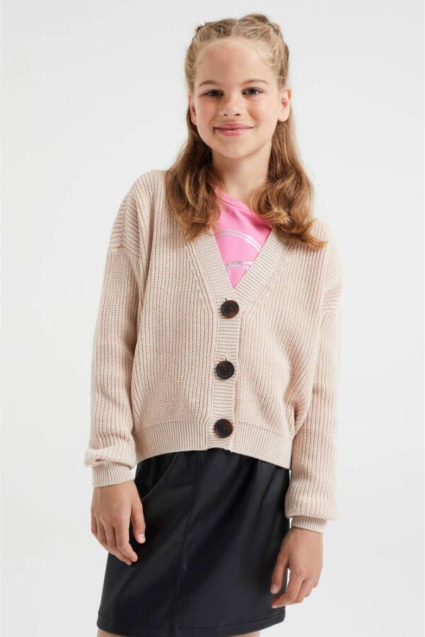WE Fashion fijngebreid vest beige Meisjes Sweat V-hals Effen 122 128