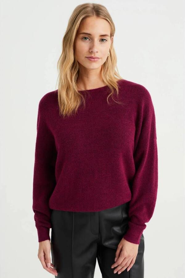 WE Fashion fijngebreide trui met wol aubergine