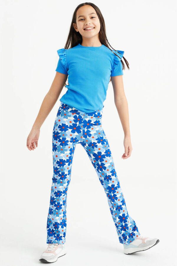 WE Fashion flared broek met all over print blauw wit