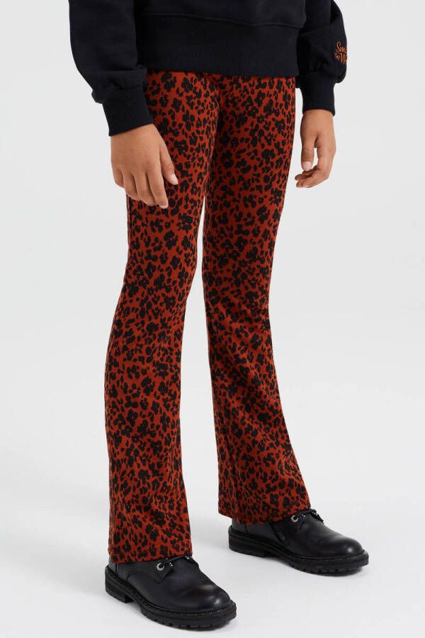 WE Fashion flared broek met panterprint brique zwart Oranje Meisjes Viscose 176