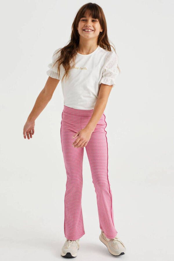 WE Fashion flared broek met pied-de-poule roze wit