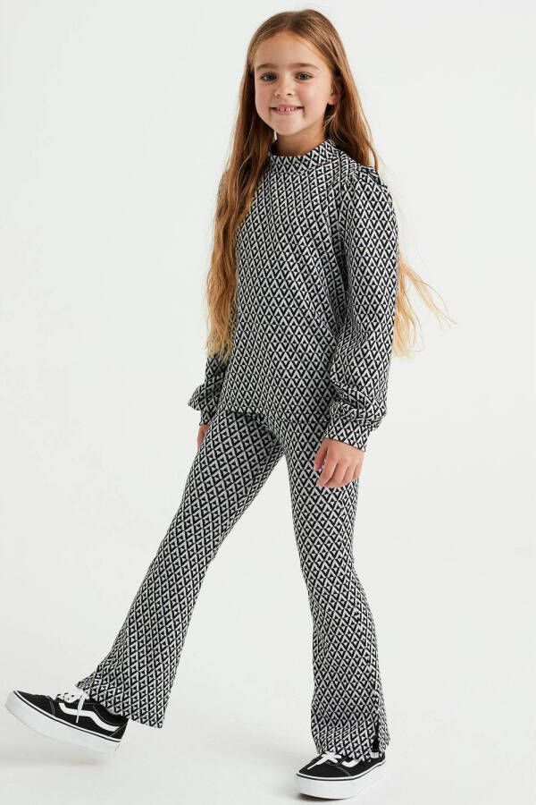 WE Fashion flared broek Micky van gerecycled polyester zwart wit Meisjes Gerecycled polyester (duurzaam) 128