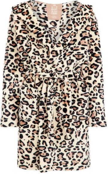 WE Fashion fleece badjas met dierenprint beige zwart Meisjes Gerecycled polyester (duurzaam) Capuchon 134 140