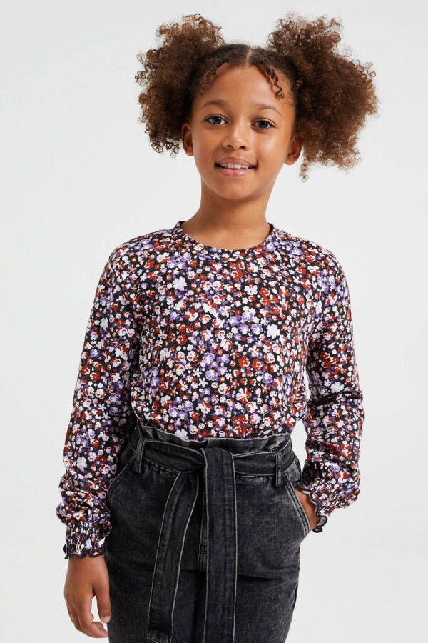 WE Fashion gebloemde longsleeve paars rood zwart