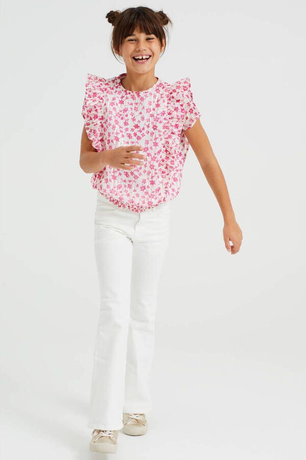 WE Fashion gebloemde top wit roze Meisjes Polyester Ronde hals Bloemen 110 116
