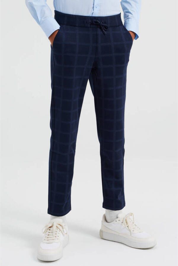 WE Fashion geruite slim fit broek donkerblauw lichtblauw