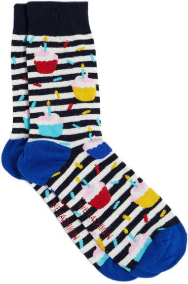 WE Fashion gestreepte sokken met all-over cupcake print zwart wit