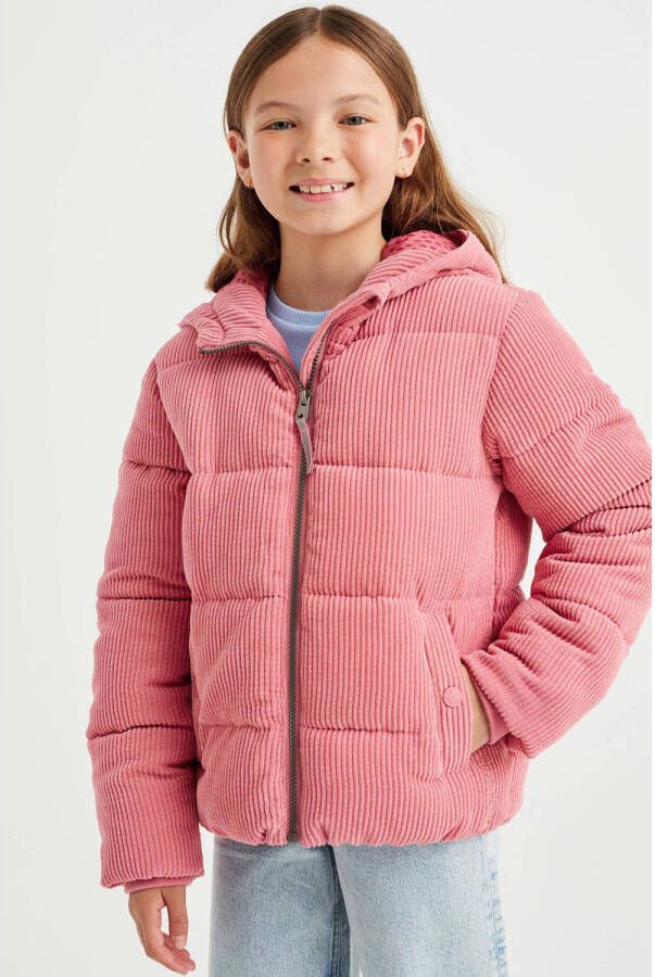 WE Fashion gewatteerde winterjas roze Meisjes Corduroy Capuchon 110 116