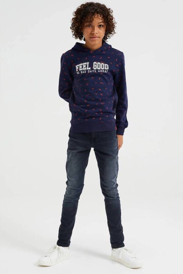 WE Fashion hoodie met all over print donkerblauw wit rood