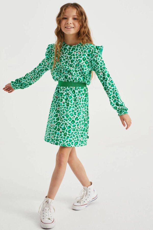 WE Fashion jurk met panterprint en ruches groen