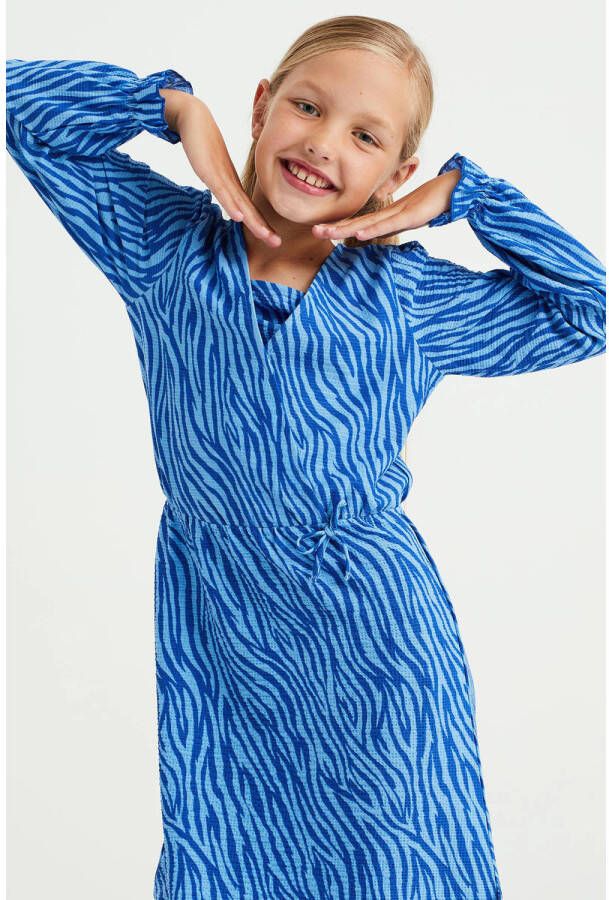 WE Fashion jurk met zebraprint blauw Meisjes Polyester V-hals Zebraprint 122 128