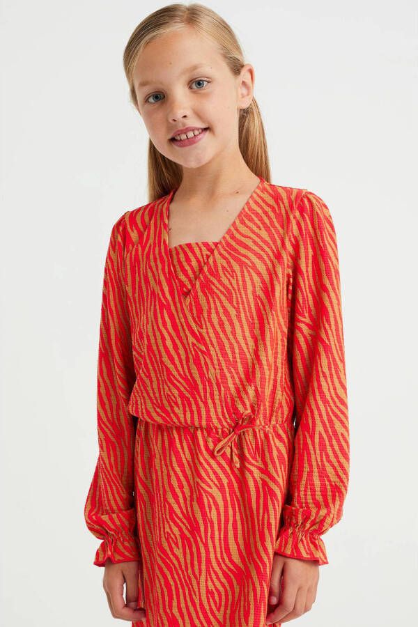 WE Fashion jurk met zebraprint koraalrood Meisjes Polyester V-hals Zebraprint 110 116