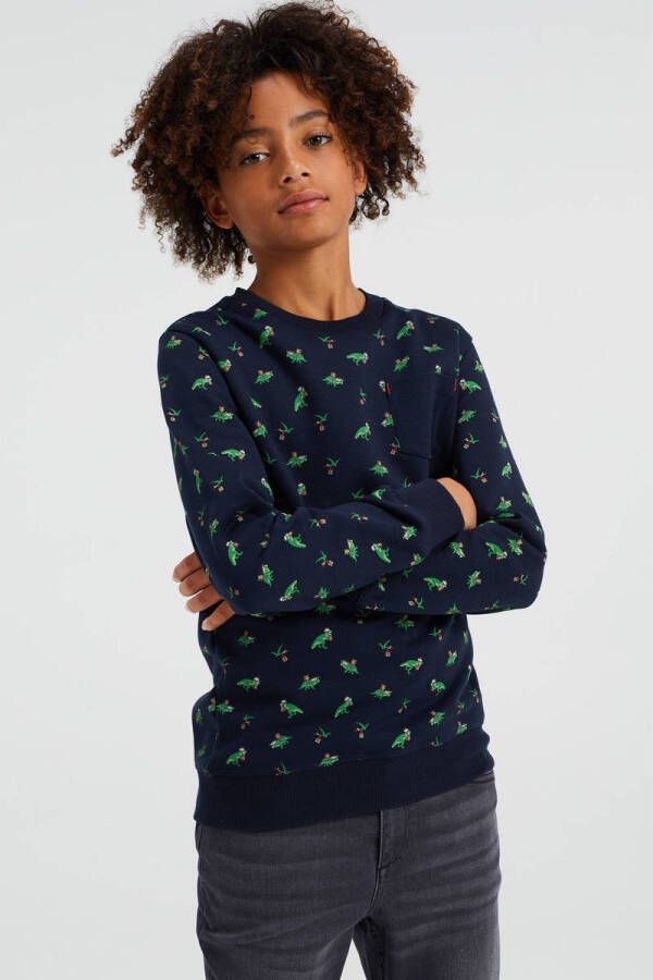 WE Fashion kerstsweater met all over print donkerblauw
