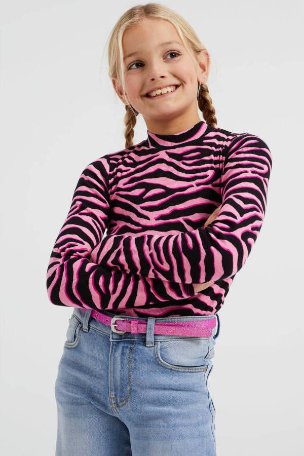 WE Fashion longsleeve met zebraprint roze zwart Meisjes Stretchkatoen Opstaande kraag 92