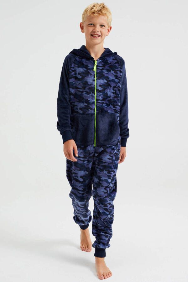 WE Fashion onesie met camouflageprint donkerblauw limegroen