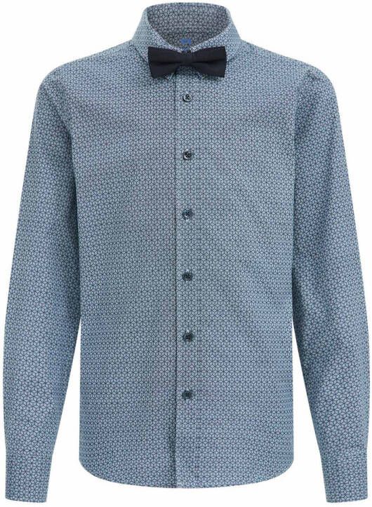WE Fashion overhemd met vlinderstrik blauw Jongens Stretchdenim Klassieke kraag 134 140