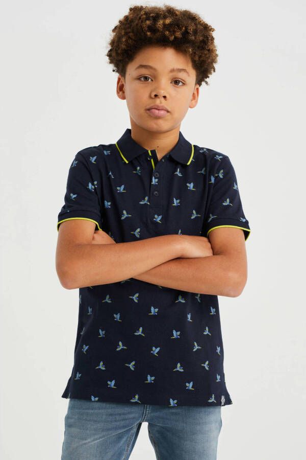 WE Fashion polo met all over print donkerblauw