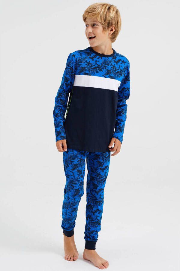 WE Fashion pyjama blauw zwart wit Jongens Stretchkatoen Ronde hals Meerkleurig 122 128