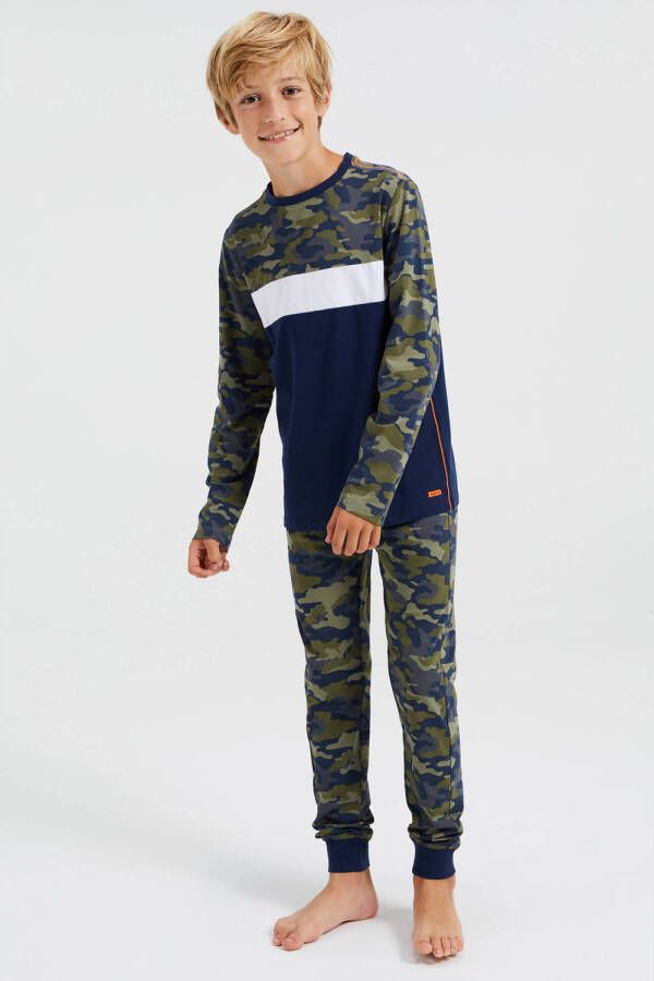 WE Fashion pyjama met camouflageprint donkerblauw kaki Jongens Stretchkatoen Ronde hals 110 116