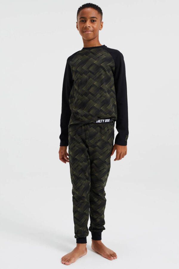 WE Fashion pyjama met camouflageprint kaki zwart Groen Jongens Stretchkatoen Ronde hals 110 116