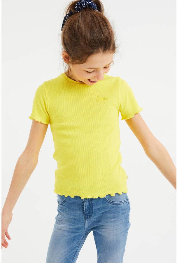 WE Fashion ribgebreid T-shirt met borduursels geel Meisjes Katoen Ronde hals 122 128