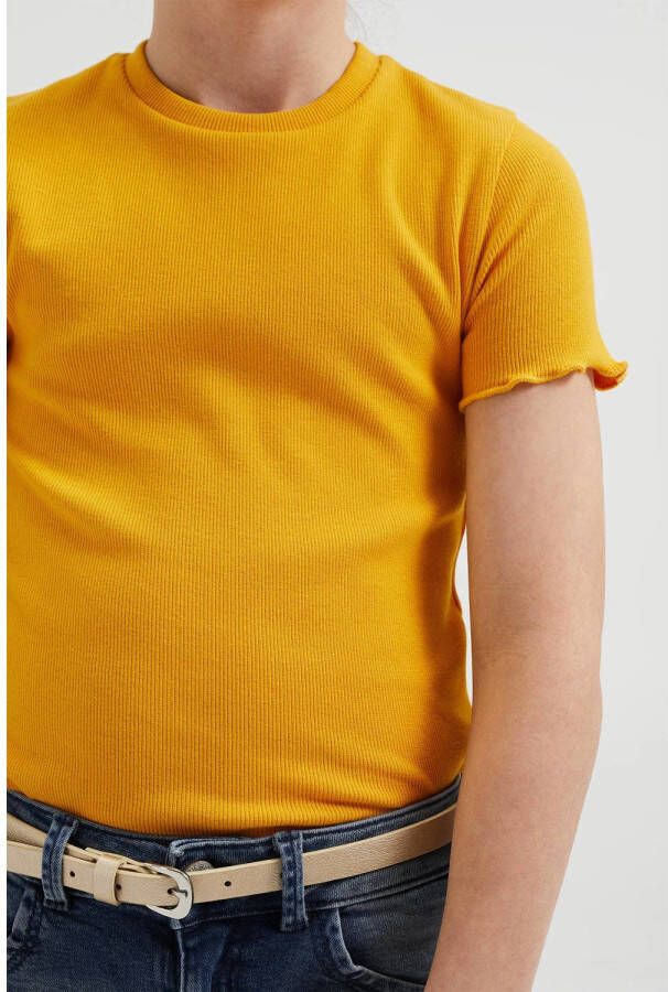 WE Fashion ribgebreid T-shirt met borduursels oker geel Meisjes Katoen Ronde hals 146 152
