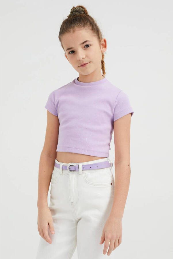 WE Fashion ribgebreide top lila Paars Meisjes Stretchkatoen Ronde hals 122 128
