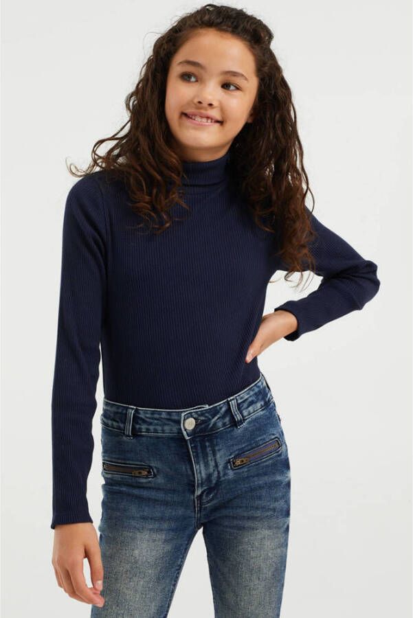 WE Fashion ribgebreide top met col set van 2 donkerblauw wit