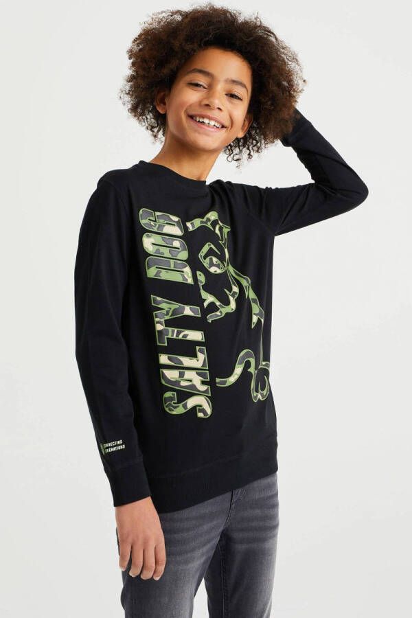 WE Fashion Salty Dog longsleeve met printopdruk zwart groen