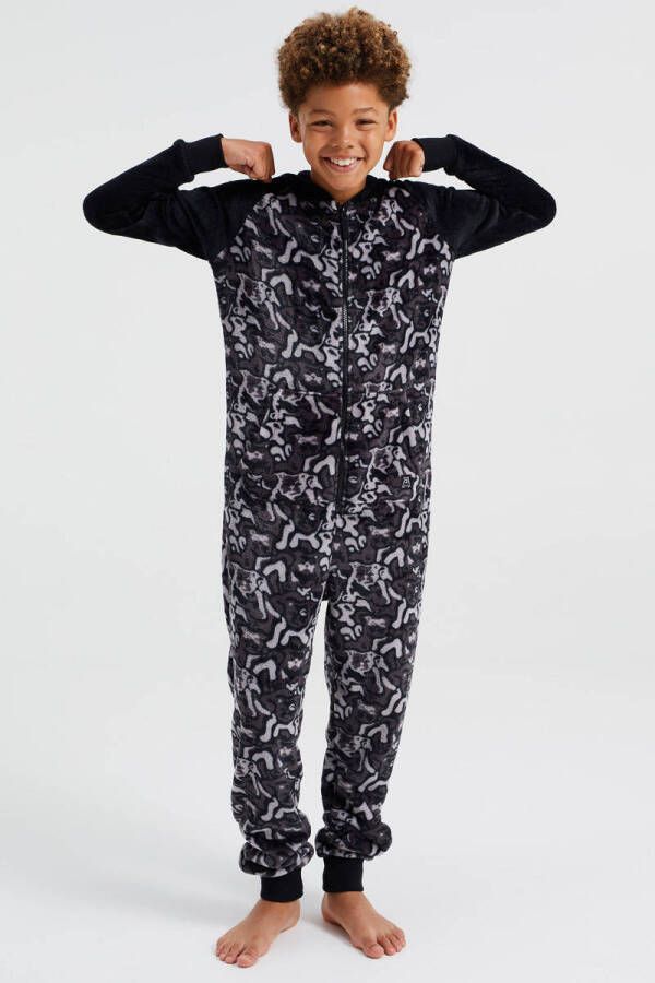 WE Fashion Salty Dog onesie met allover print zwart grijs