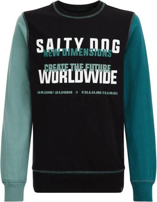 WE Fashion Salty Dog sweater met printopdruk zwart groen Printopdruk 110 116