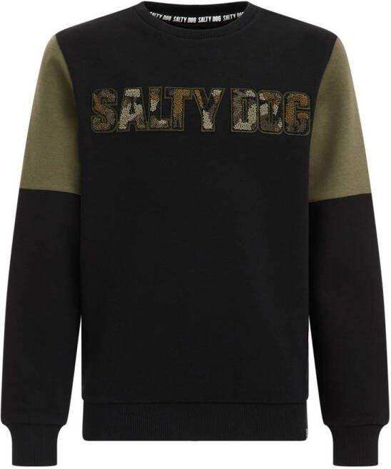 WE Fashion Salty Dog sweater met tekst en 3D applicatie zwart groen Tekst 110 116