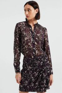 WE Fashion semi-transparante blouse met all over print aubergine zwart