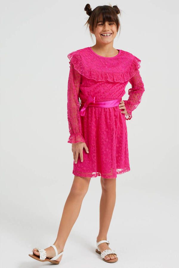 WE Fashion semi-transparante jurk met all over print en ruches fuchsia Roze Meisjes Polyester Ronde hals 146 152