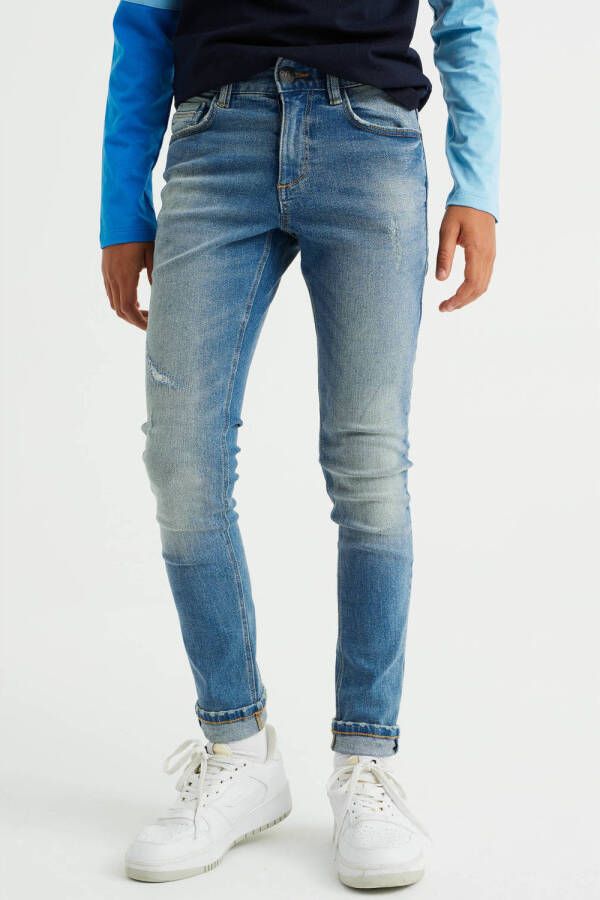 WE Fashion skinny jeans medium blue denim Blauw Jongens Stretchdenim 104