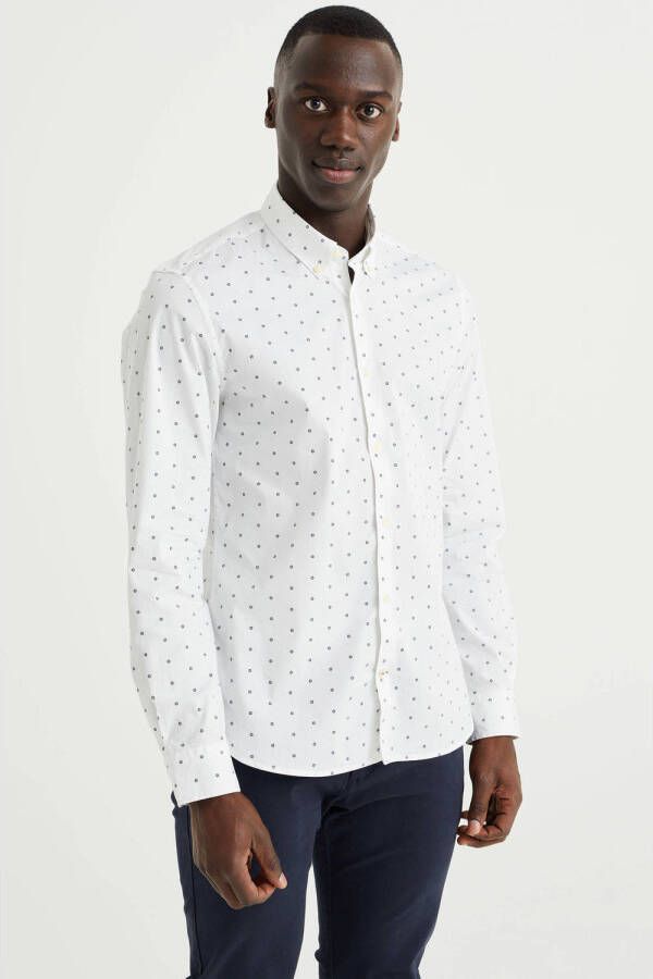 WE Fashion slim fit overhemd met all over print white melange