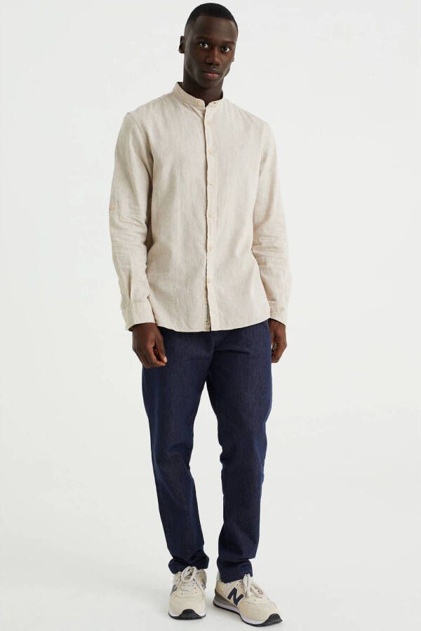 WE Fashion slim fit overhemd met linnen sesame