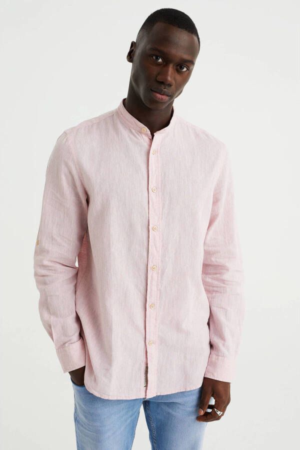 WE Fashion slim fit overhemd met linnen wood rose