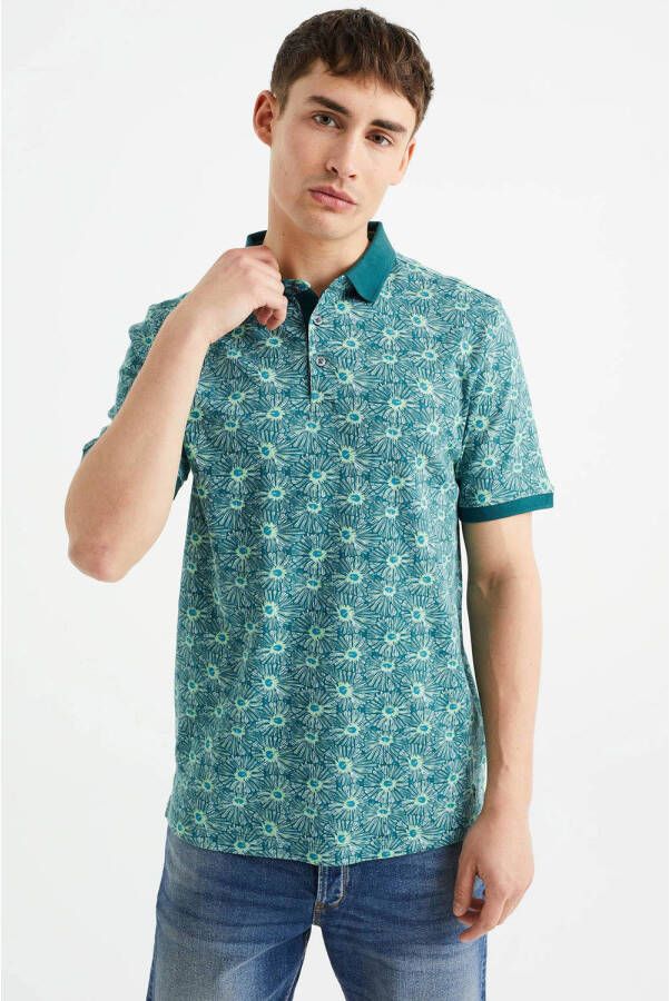 WE Fashion slim fit polo met all over print deep teal