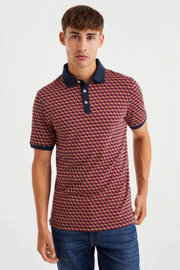 WE Fashion slim fit polo met all over print dried tomato
