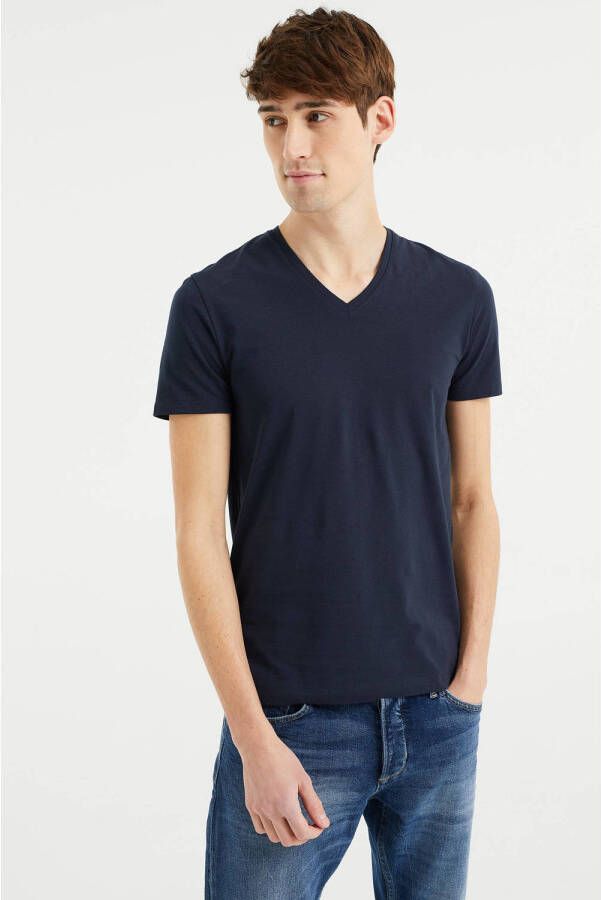 WE Fashion slim fit T-shirt (set van 2) donkerblauw