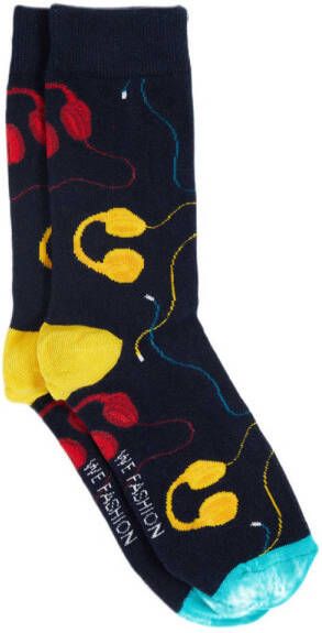 WE Fashion sokken met all-over print donkerblauw geel rood