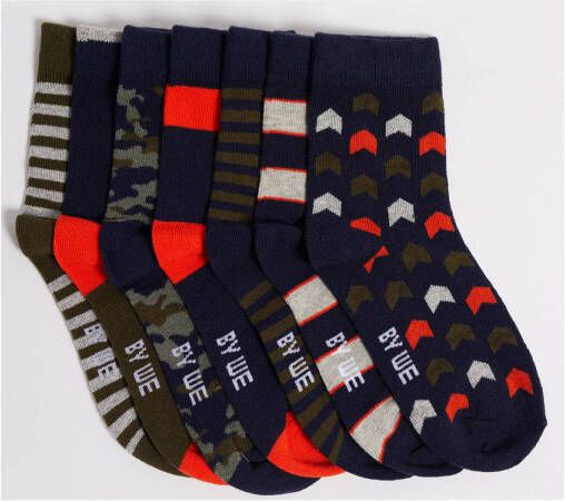 WE Fashion sokken met all-over print set van 7 donkerblauw rood kaki Jongens Katoen 31 34