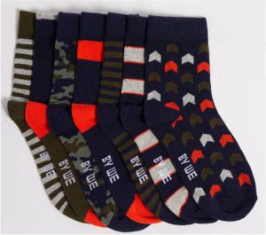 WE Fashion sokken met all-over print set van 7 donkerblauw rood kaki