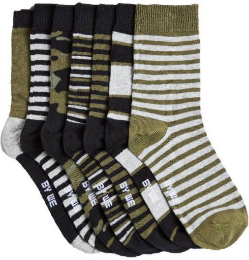 WE Fashion sokken met all-over print set van 7 kaki zwart Groen Jongens Katoen 35 38