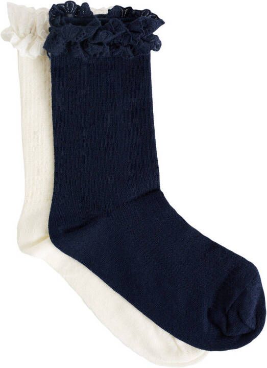 WE Fashion sokken met kanten ruches set van 2 donkerblauw ecru