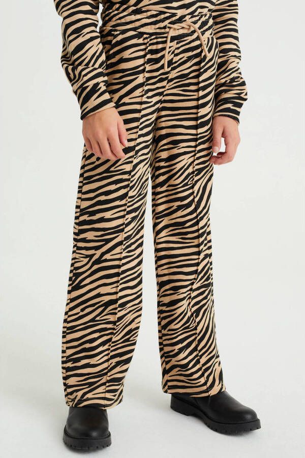 WE Fashion straight fit broek met zebraprint zand zwart Beige Meisjes Sweat 104