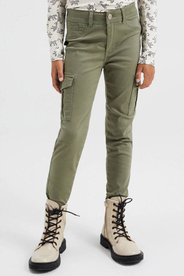 WE Fashion super skinny cargo broek kaki Groen Meisjes Katoen 104