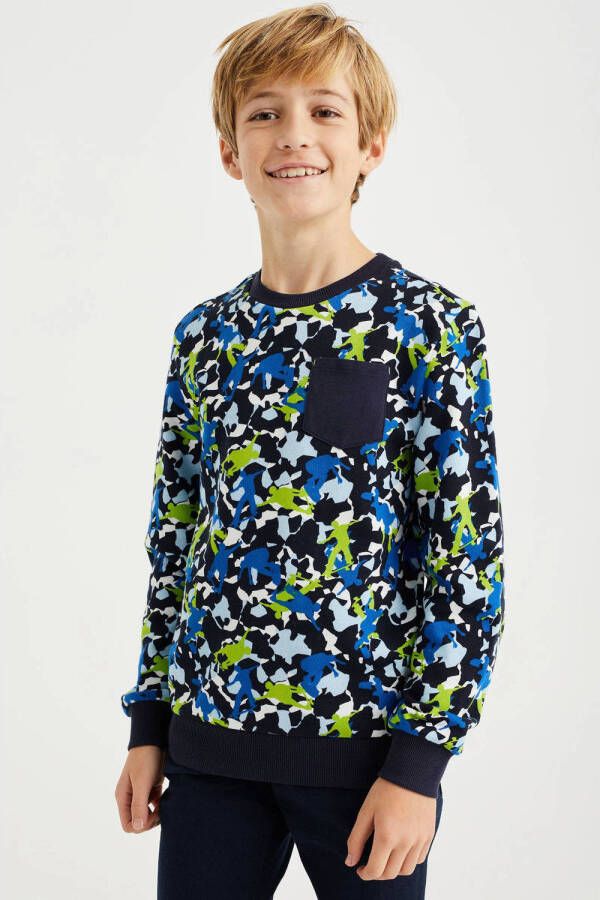WE Fashion sweater met all over print blauw groen wit