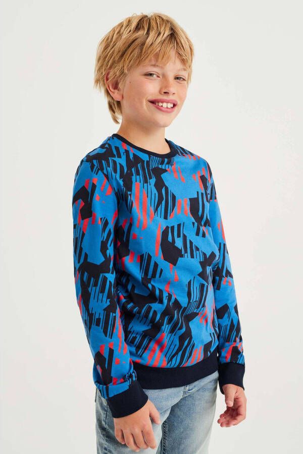 WE Fashion sweater met grafische print blauw zwart Grafisch 110 116